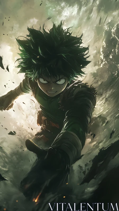 Storm-charged hero dives through shattering emerald light