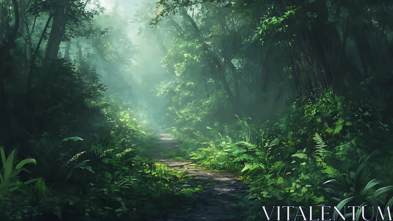 Luminous forest canopy envelops winding pathway through verdant wilderness.