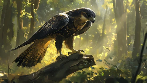 Majestic Hawk in Sunlit Forest, Digital Painting Realism.