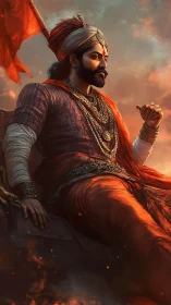 Regal warrior in ember-lit armor with dynamic atmospheric haze.