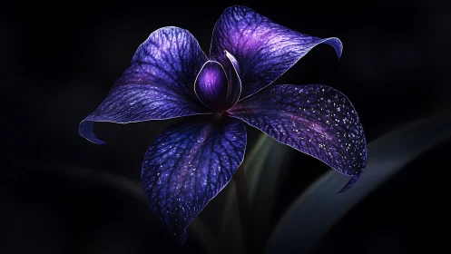 Nocturnal violet bloom in dramatic photorealistic macro study.