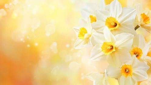 Daffodils with golden centers on blurred warm background.