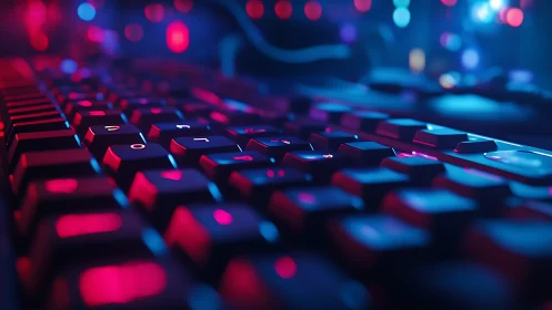 Neon keystrokes glow across a cyber-lit mechanical keyboard.