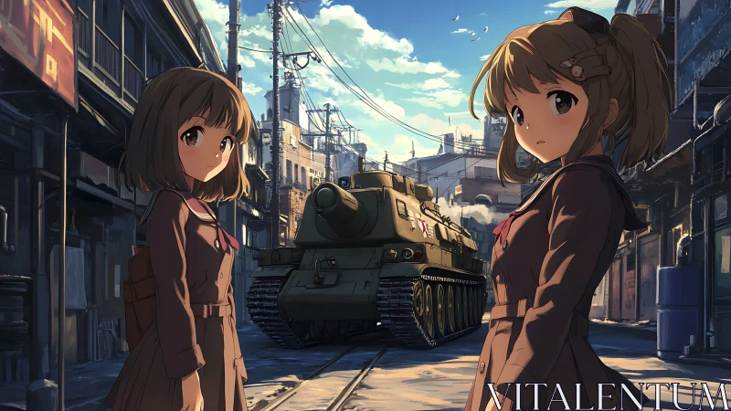 Urban alley confrontation with schoolgirls and armored tank