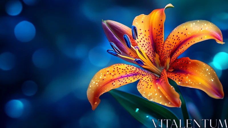 Tiger Lily Blooms Against Deep Blue. Vibrant Orange Petals.