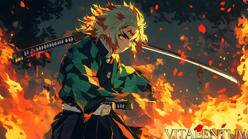 Swordsman stands amid stylized flames with dual katanas drawn