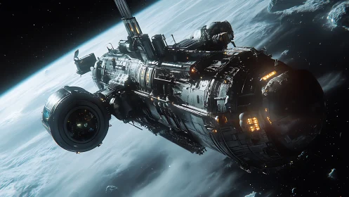 Heavily detailed orbital spacecraft rendered in cinematic 3D perspective