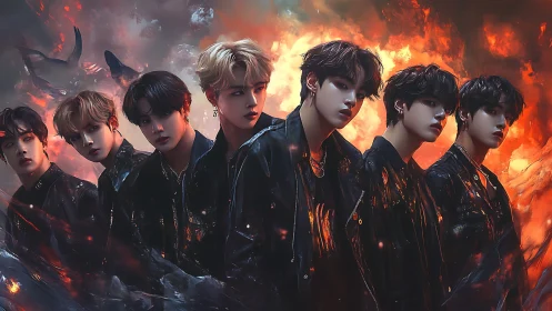 Seven young figures in dark attire before fiery clouds.