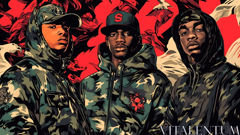 Urban trio in camo hoodies against bold red backdrop.