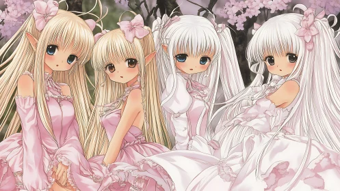 Pastel elf maidens in ornate pink gowns under sakura blooms.