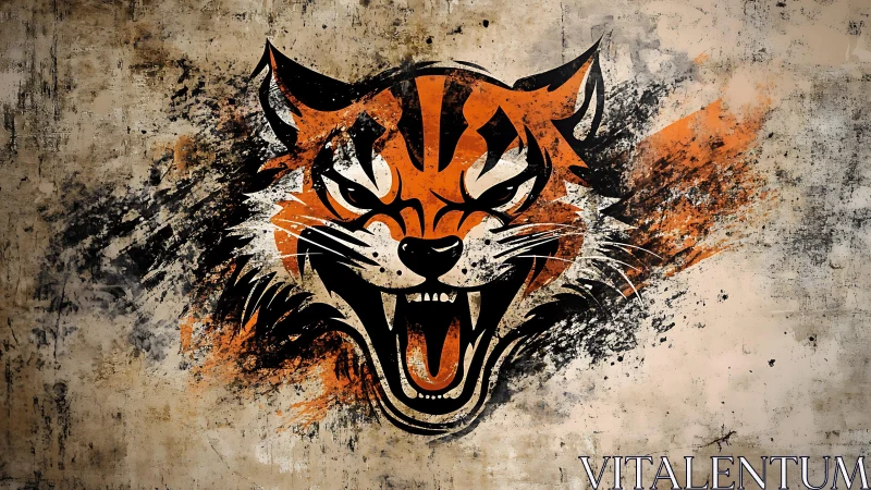 Savage tiger head graffiti with splattered grunge texture.