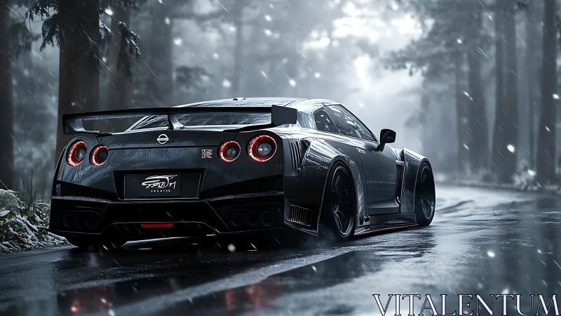 Sleek sports car cruising a rainy forest road at dusk.