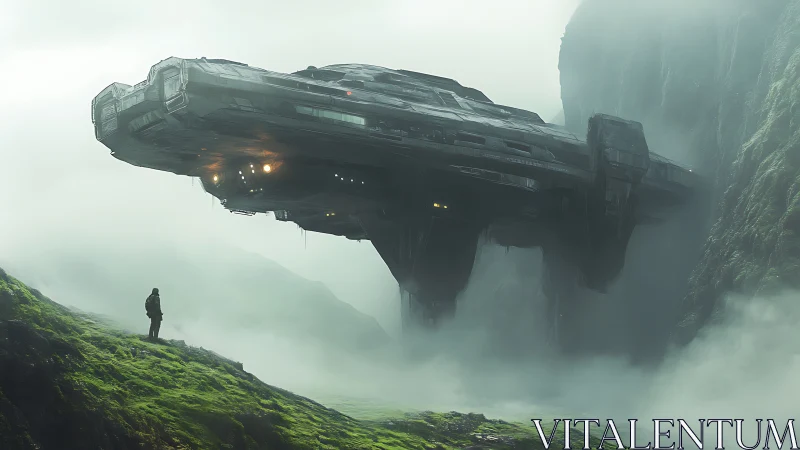 Large starship hovering above misty moss valley landscape.