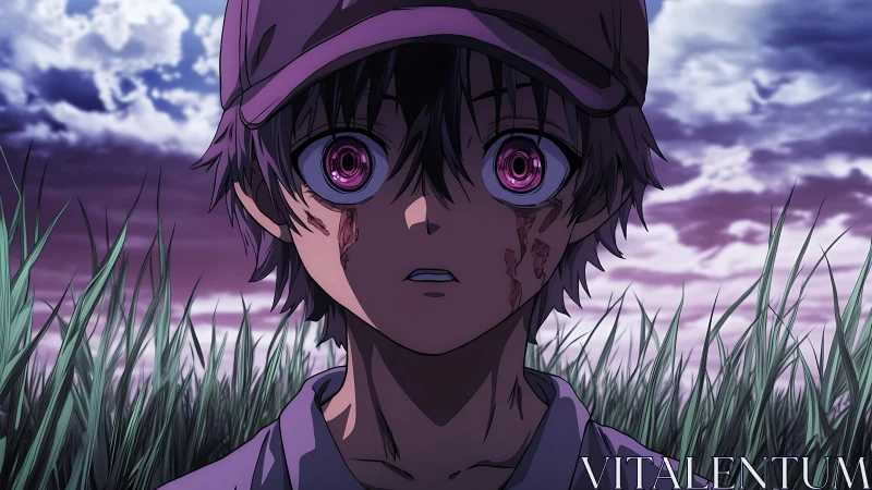 Shock-stricken boy with glowing eyes in violet dusk field.