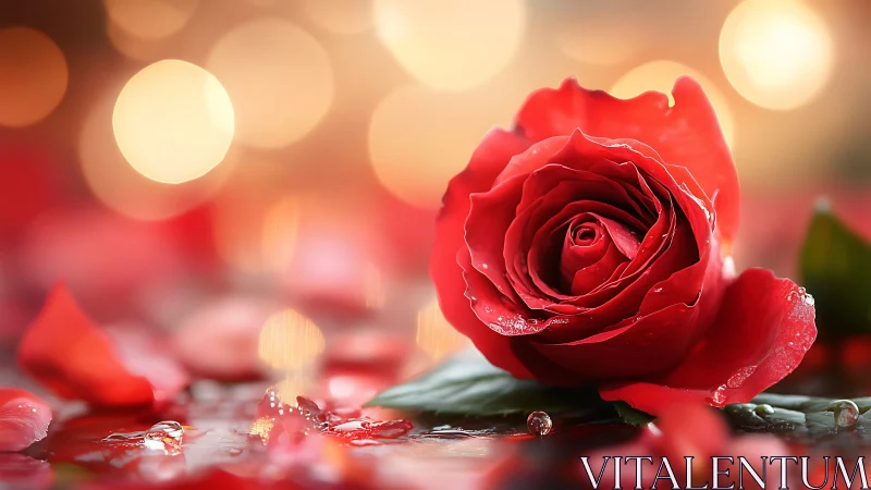 Red rose with water droplets and bokeh lighting background