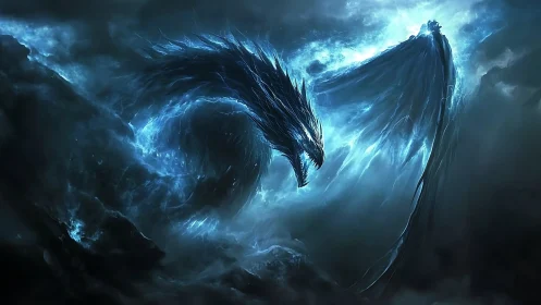 Stormforged dragon coils through electric midnight clouds.