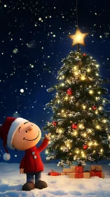 Smiling child admires glowing Christmas tree under starlit sky.