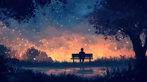 Solitary figure on a bench watches glowing twilight sky.