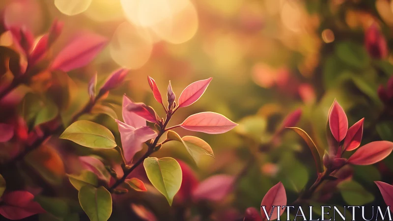 Sunlit blush leaves sipping the last golden hush of day.