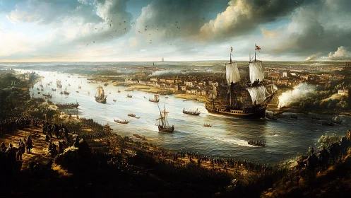 Historic river harbor with warship and gathered observers.