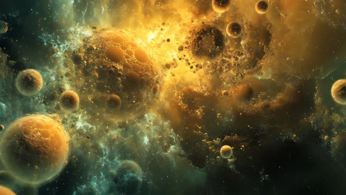 Fractal planetary nebula cluster in luminous golden cosmic storm.