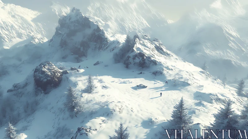 Solitary mountaineer crossing sunlit high alpine snowfield.