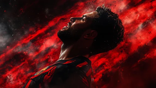 Firelit striker in crimson storm of competitive fury.