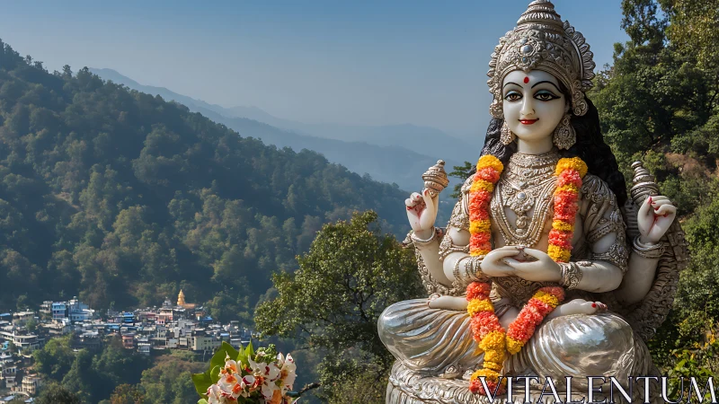 Hindu deity statue with garlands in a forested hillside setting.