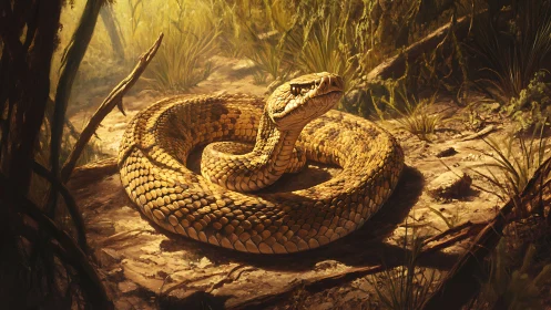 Coiled rattlesnake in sunlit leaf-littered habitat, high detail.