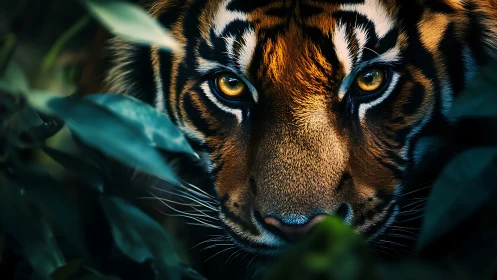 Macro telephoto close-up isolates tiger gaze through dense foliage