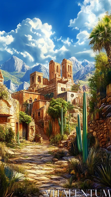 Desert hillside village ruins with cacti and mountains.