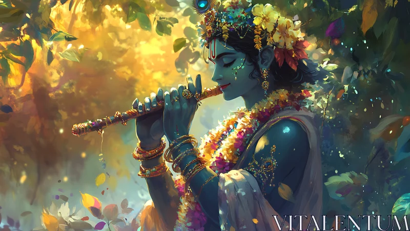 Blue-skinned figure plays flute amid dense glowing foliage
