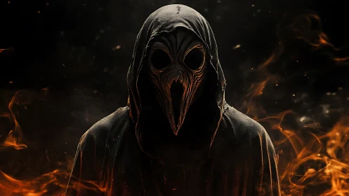 Hooded crow-faced wraith carves silence from swirling fire