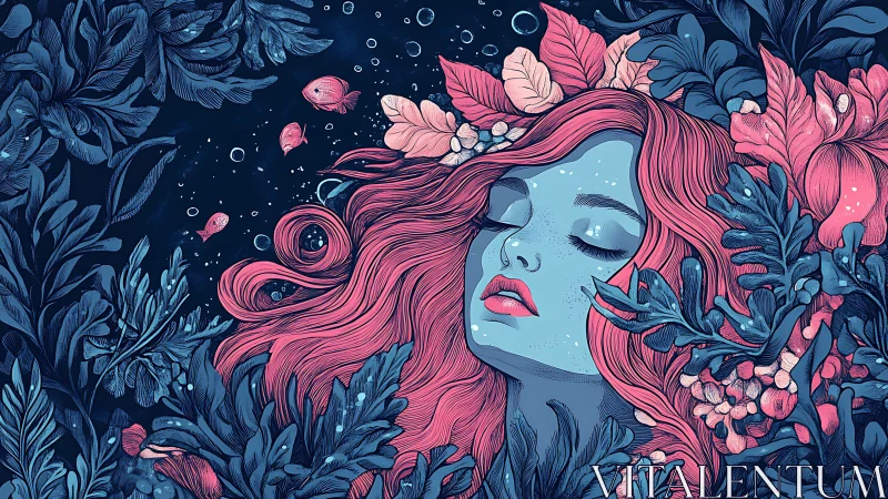 Dreamlike blue portrait immersed in coral botanical waves.