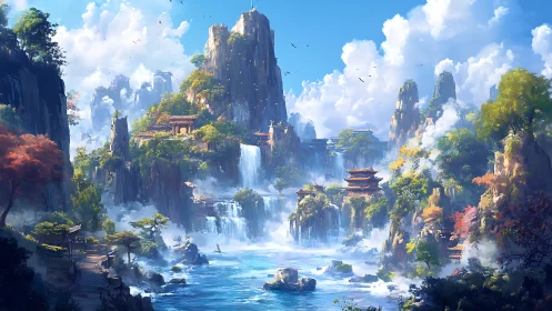 Sky-drunk waterfalls crown a misty mountain temple realm.