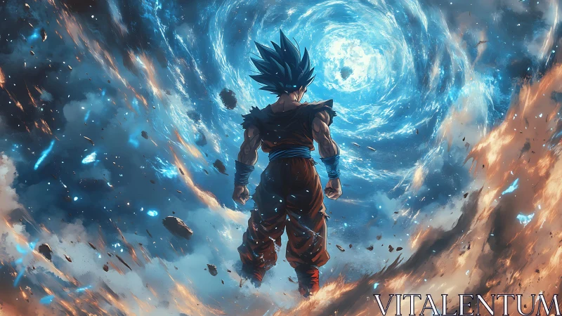 Warrior silhouette confronts blue cosmic vortex alone