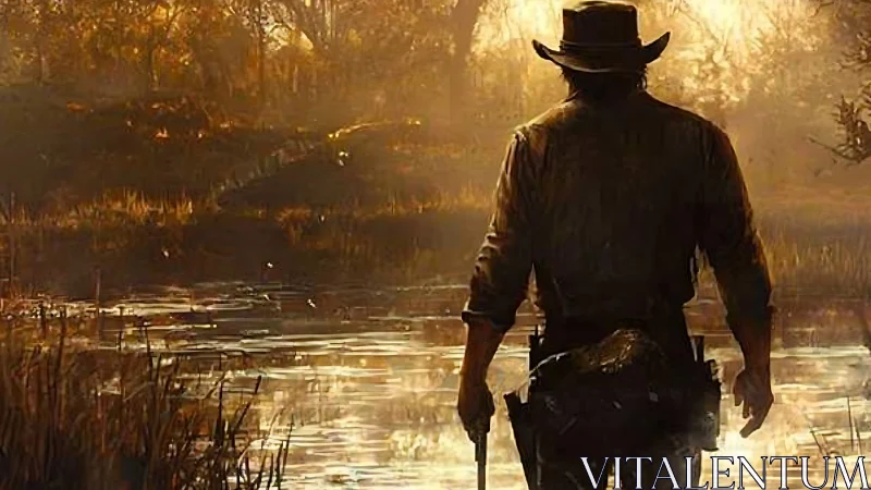 Lone armed figure standing by reflective woodland waterway.