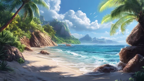 Coastal landscape with sand beach, rock formations, palm trees.