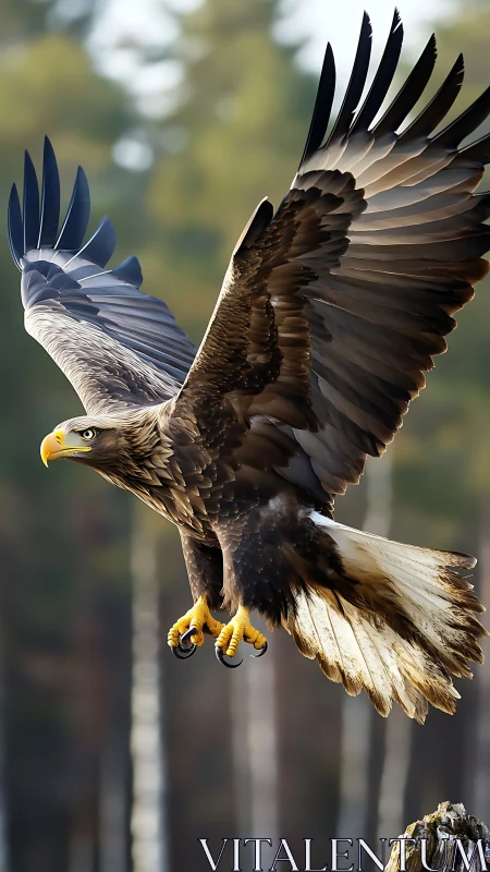 White tailed eagle descends with talons spread over forest