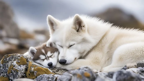 Mother husky and puppy rest peacefully on rocky ground.