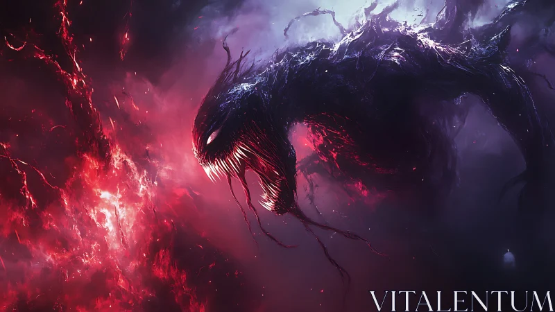 Cosmic shadow serpent drifting through a storm of crimson light.