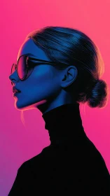 Profile view of woman in glasses under neon gradient light.