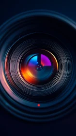 Iridescent camera lens closeup with neon concentric rings.