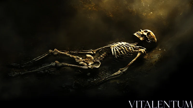 Subterranean human skeleton in directional archaeological light.