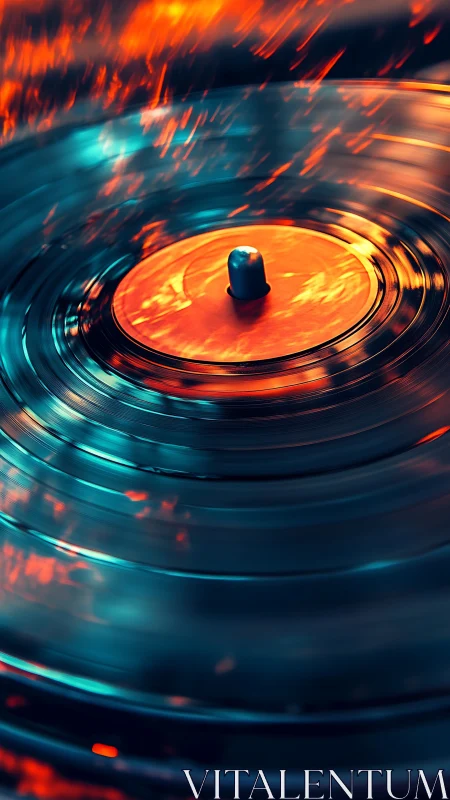 Spinning vinyl record glows with neon orange and blue light