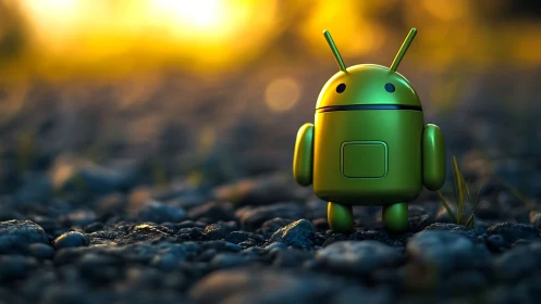 Green android mascot on sunlit stones with warm bokeh glow.