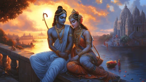 Divine lovers rest by a sacred river at glowing sunset