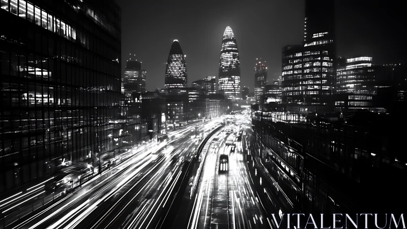 Midnight city rush tracing silver ribbons of moving light.