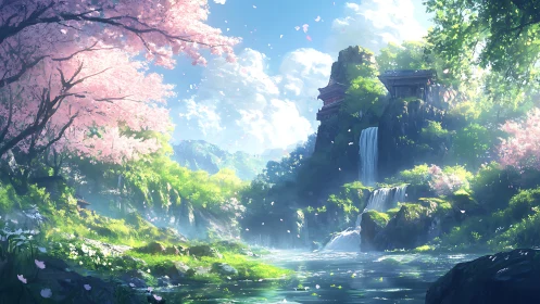 Cherry blossom valley surrounds tiered waterfalls and shrine