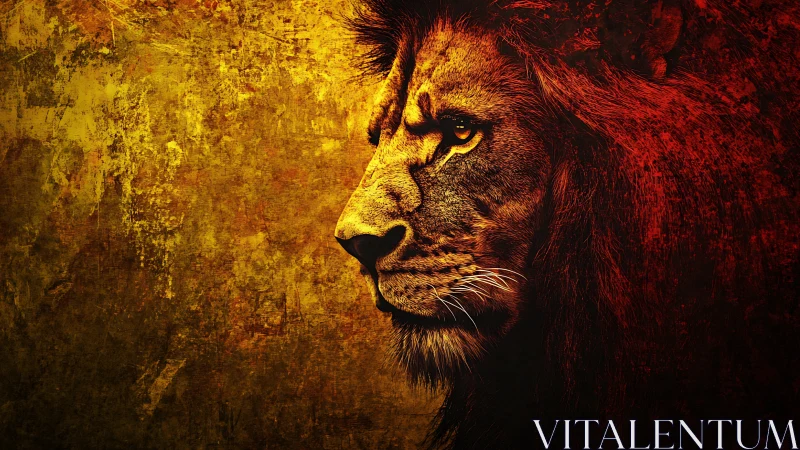 Lion profile in intense red and gold textured light.